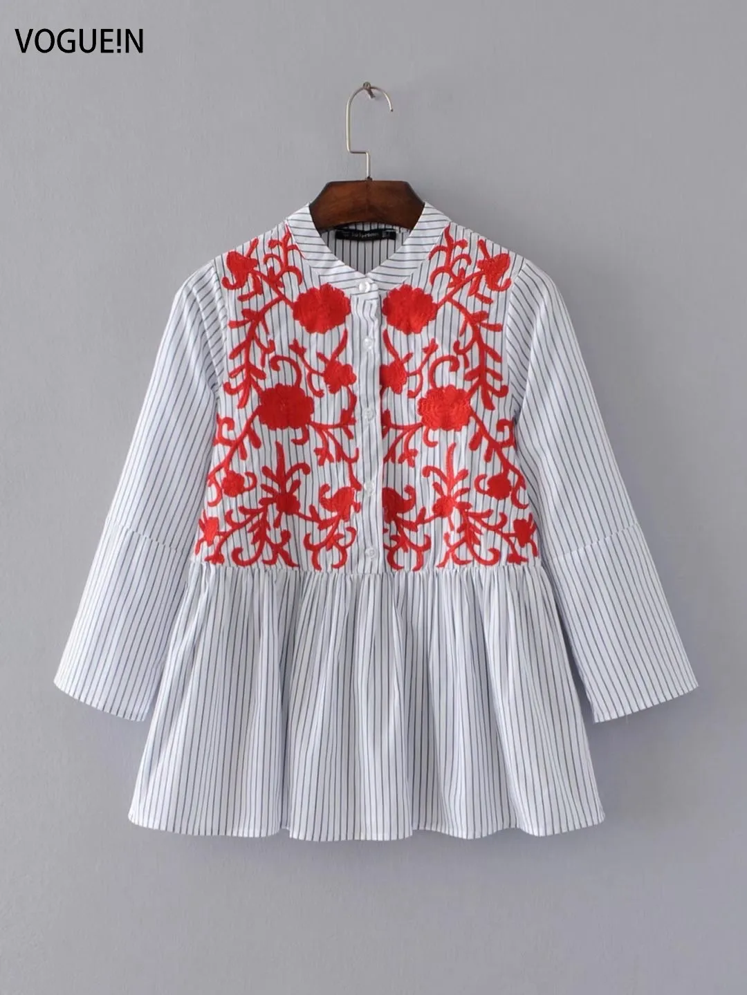 Женская блузка с рукавом 3/4 VOGUE красная в полоску цветочной вышивкой|blouse tops