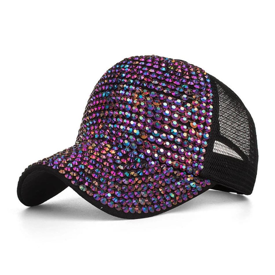 SHOWERSMILE, стразы, бейсболки для женщин, синяя блестящая шляпа, бриллиантовая женская летняя Дамская Кепка, бейсболка кепка с сеткой, хип-хоп - Цвет: purple