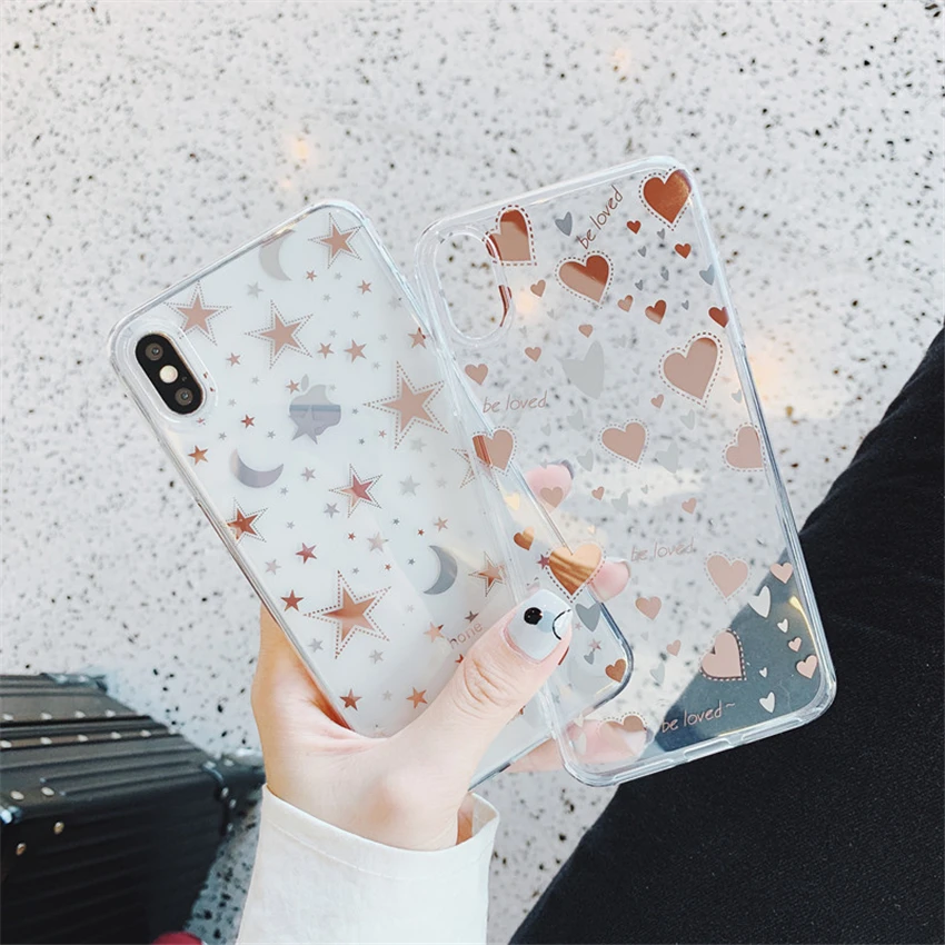 Чехол для телефона с 3D звездой для iPhone7 8 Plus X, прозрачная ультратонкая мягкая задняя крышка из ТПУ с милым сердечком для iPhone 6 6 S, чехол для пары