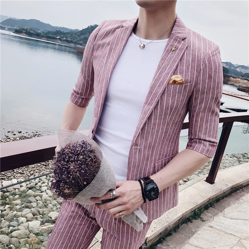 3 цвета полосатый блейзер для мужчин лето Slim Fit Блейзер Masculineo мужская стильная куртка синий серый розовый спортивные пиджаки для выпускного для мужчин