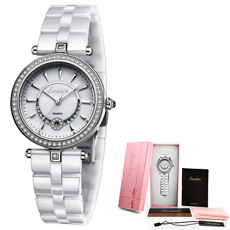 Reloj De Dama SUNKTA женские кварцевые часы керамические часы женские топ Роскошная марка, Женская эксклюзивный браслет часы для девочки Лучший подарок - Цвет: silver white
