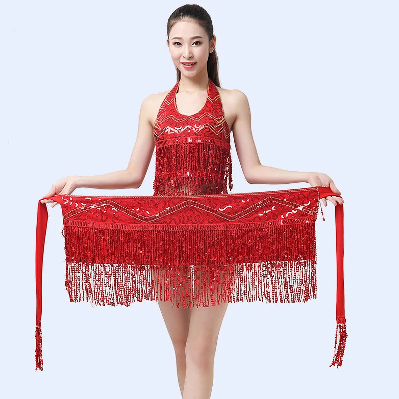 Новое поступление Женская танцевальная одежда класс одежда аксессуары обёрточная бумага блестки база пояса для танца живота хип шарф блестящая длинная бахрома