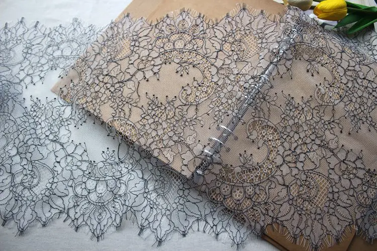 

36CM width women gowns making lace trimming good quality! 3 Meters/piece eyelash lace trim Grey lace grey with black color!