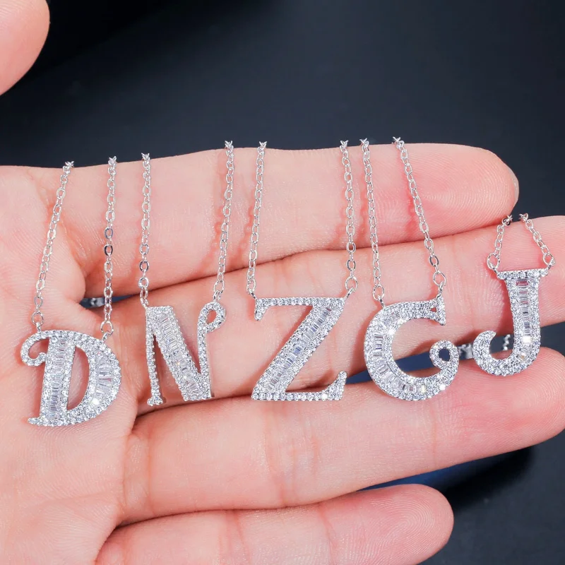 CWWZircons Personalized Cubic Zirconia Crystal 26 Initial Name Letter Pendant Necklace for Women DIY Custom Jewelry Gift CP046