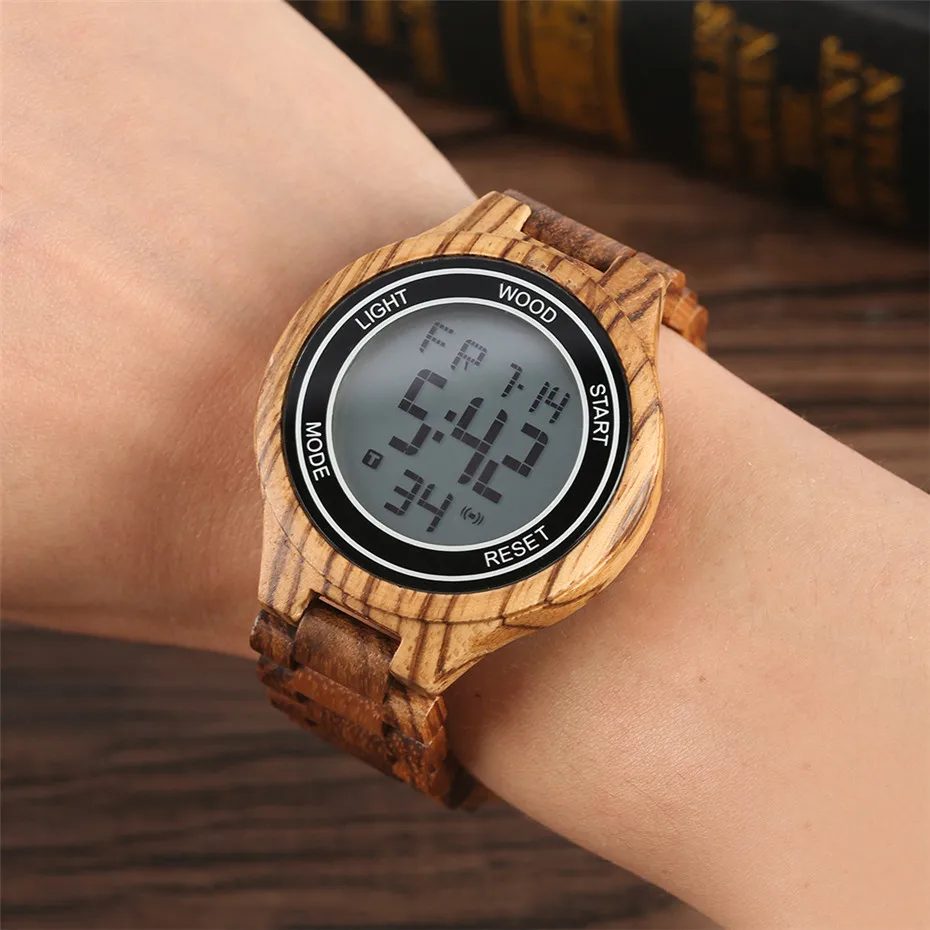 

Brown Natural Wooden Watch Men Digital Watches Wood Bangle Wristwatch Complete Calendar LED Display Round Dial Male Clock reloj
