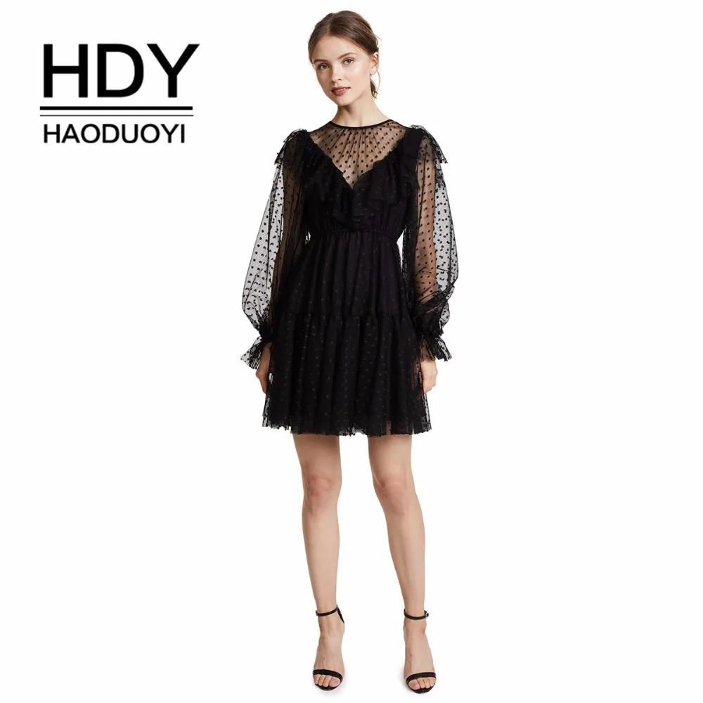 

HDY Haoduoyi Women Perspective Ruffled High Waist Black Dress Fashion Polka Dot Tulle Lantern Long-Sleeve Mini Dresses Wholesale