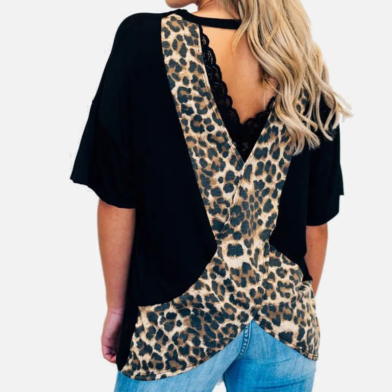 

Leopard Dot Crisscross Print Open Back Women T-Shirts Half Sleeve Round Neck Loose T Shirt 2019 Summer Fashion Loose Casual Tops