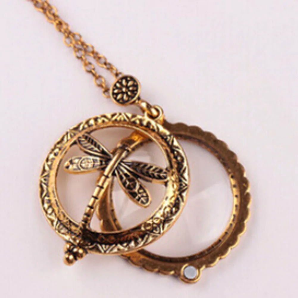 Retro Magnifying Glass Necklace golden tone antique golden Alloy Round Dragonfly 60cm 1 Pcs