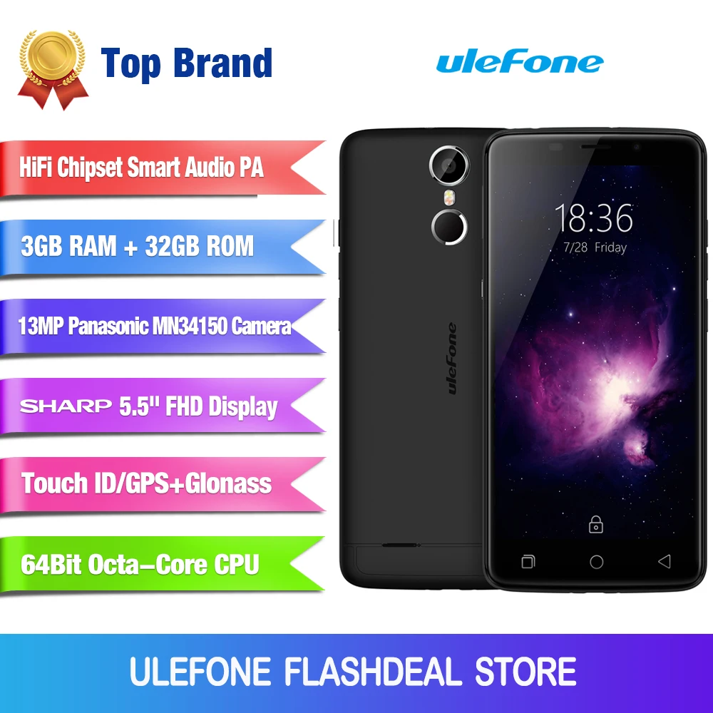Ulefone Vienna teléfono móvil 5,5 pulgadas FHD MTK6753 Octa Core Android 6,0 3 GB + 32 GB 13MP Cámara huella dactilar ID 4G