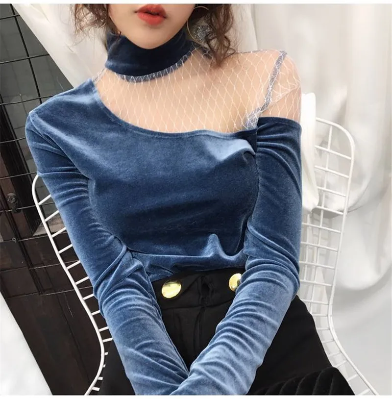 blue blouses Neploe новые женские бархатные блузки с длинным рукавом и высоким воротом, сексуальные газовые лоскутные блузки без бретелек, одноцветные топы, блузки Femme 38326 - Цвет: blue blouses