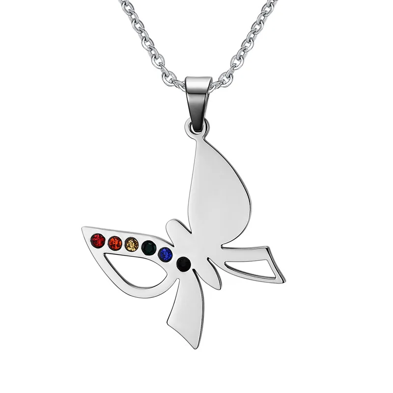 

Rainbow statement necklace Cubic Zirconia stainless steel butterfly pendant homosexual gay pride lesbian jewelry pingente