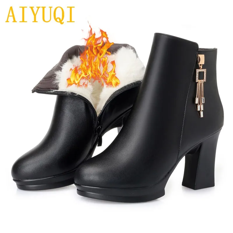 

AIYUQI Women boots 2019 winter new genuine leather female snow boots, high-heeled wool warm women Martin boots red wedding boots