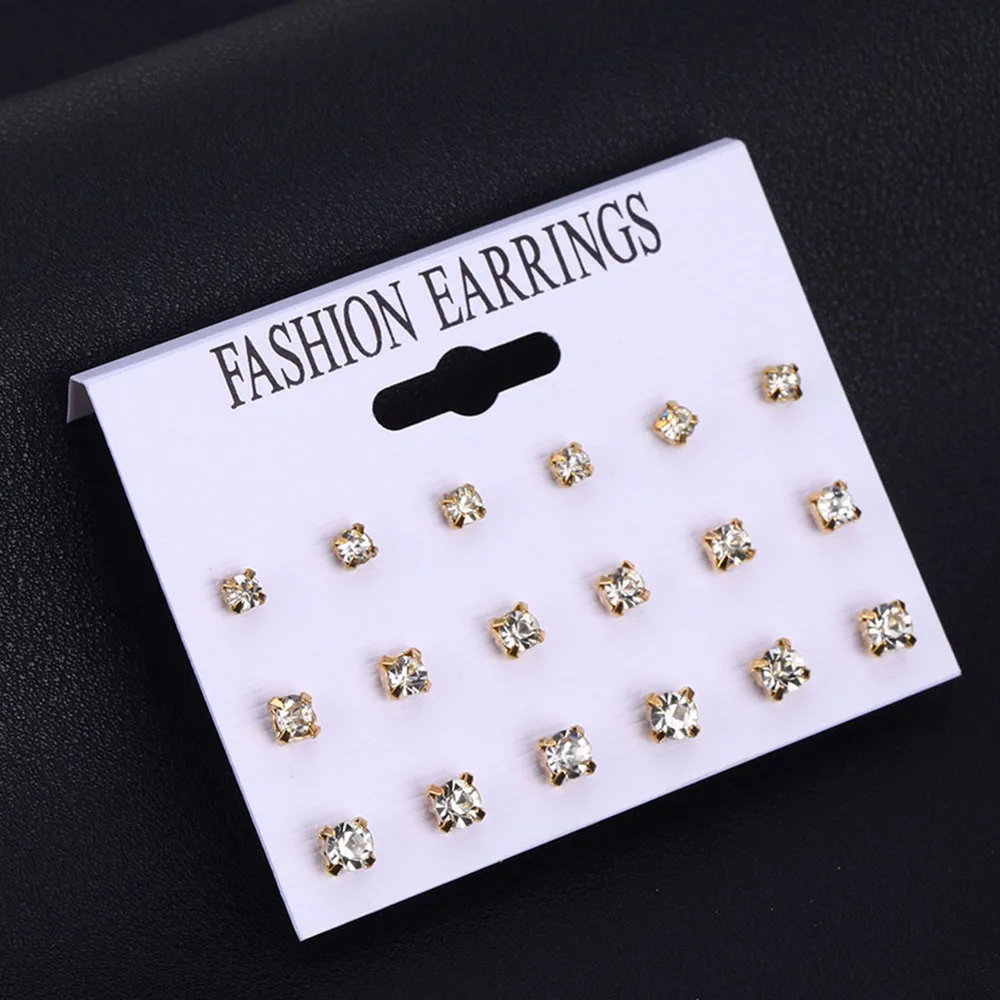 

FAMSHIN 9 Pair/Set Mix Design Square Crystal Stud Earrings Set For Women Round Crystal Gold Color Statement Earring Jewelry 2019