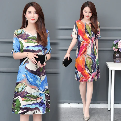 

Plus size 2019 women summer dress fashion short-sleeved V-neck cotton office dress women loose large size work wear midi dress