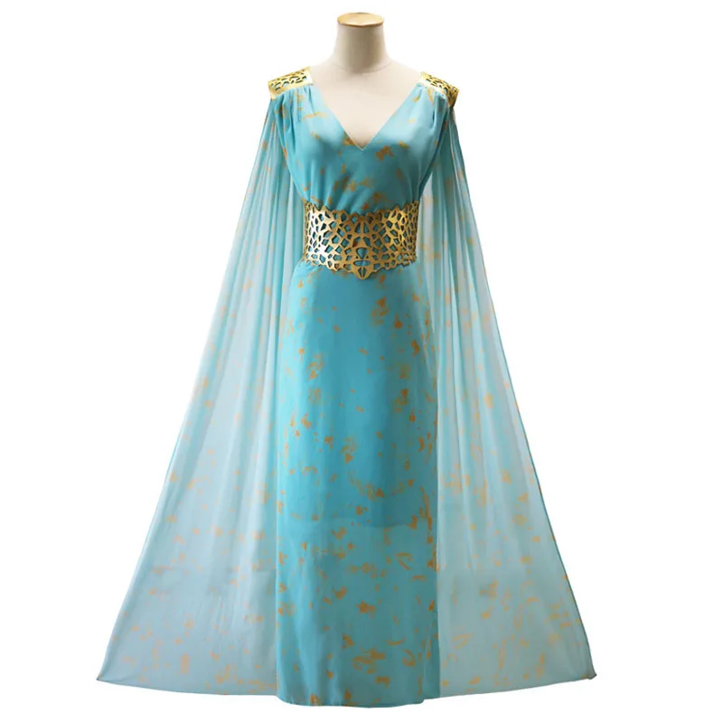 

H&ZY Game of Thrones Cosplay Daenerys Targaryen Wedding Dress Costume Halloween Party Fancy Dress Long Blue Sleeveless Dress&Wig