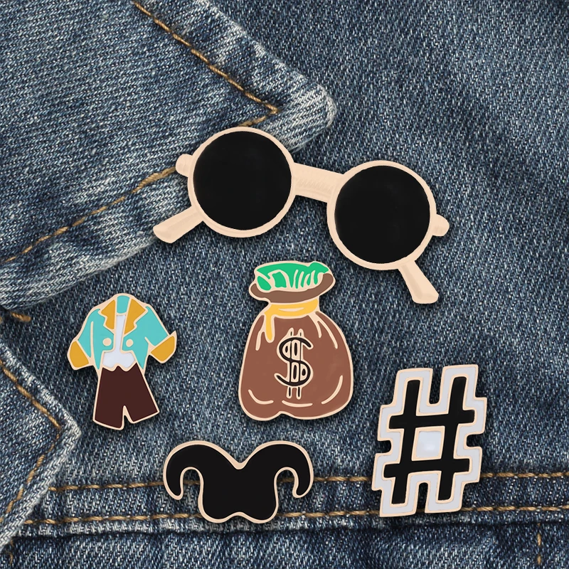 

Retro Sunglasses Purse Clothes Cartoon Brooches Symbol Beard Enamel Pins Women Jackets Lapel Pin Bag Badges for Men Jewelry Gift