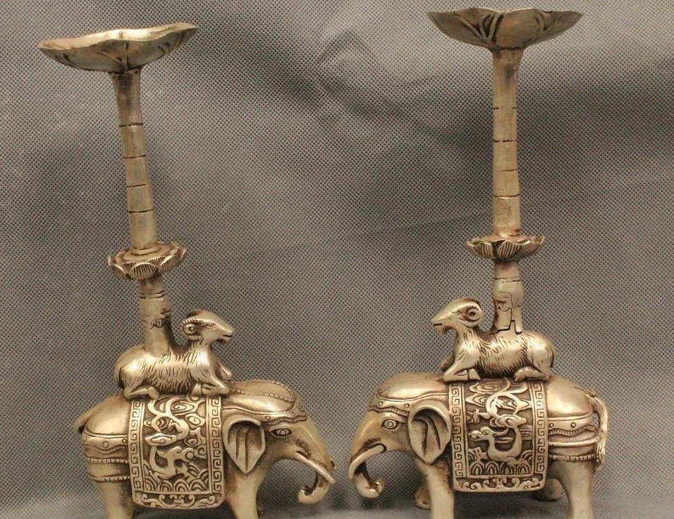 

China Chinese Silver Elephant Sheep Goat Candle Holder Candlestick Statue Pair