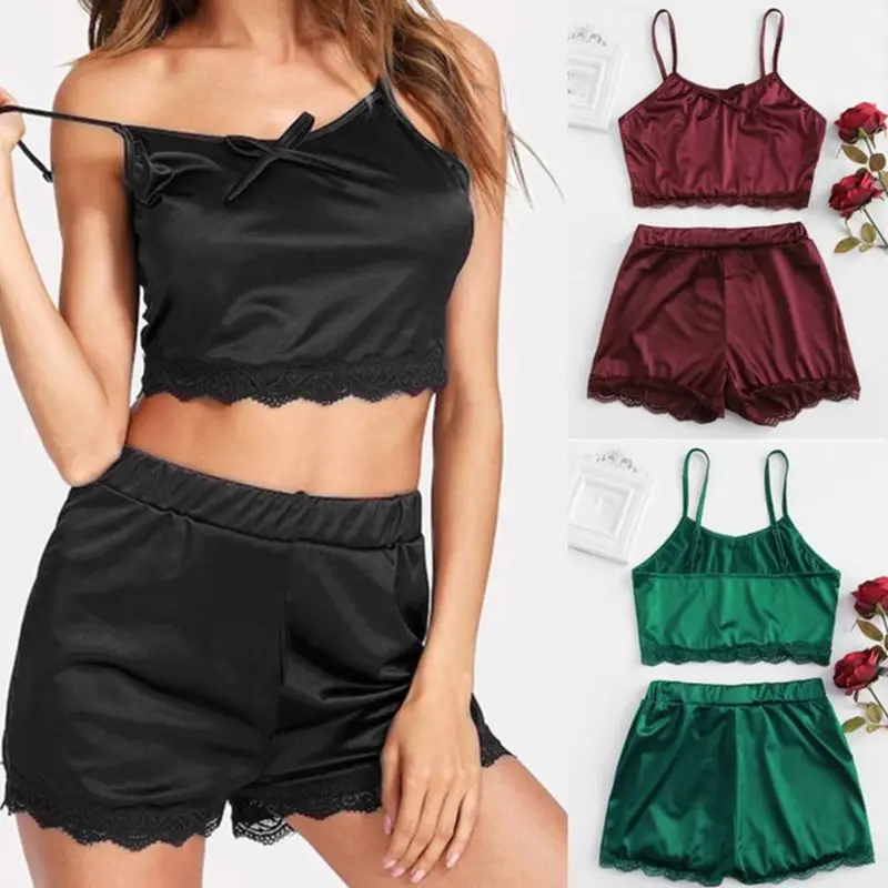 Women Faux Silk Pajamas Set Low Cut Backless Cami Crop Top Mid Rise