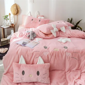 

Pink White Cute Cartoon Cat Embroidery Girl Fleece Fabric Bedding set Bow Flannel Duvet Cover Bed Linen Fitted Sheet Pillowcases