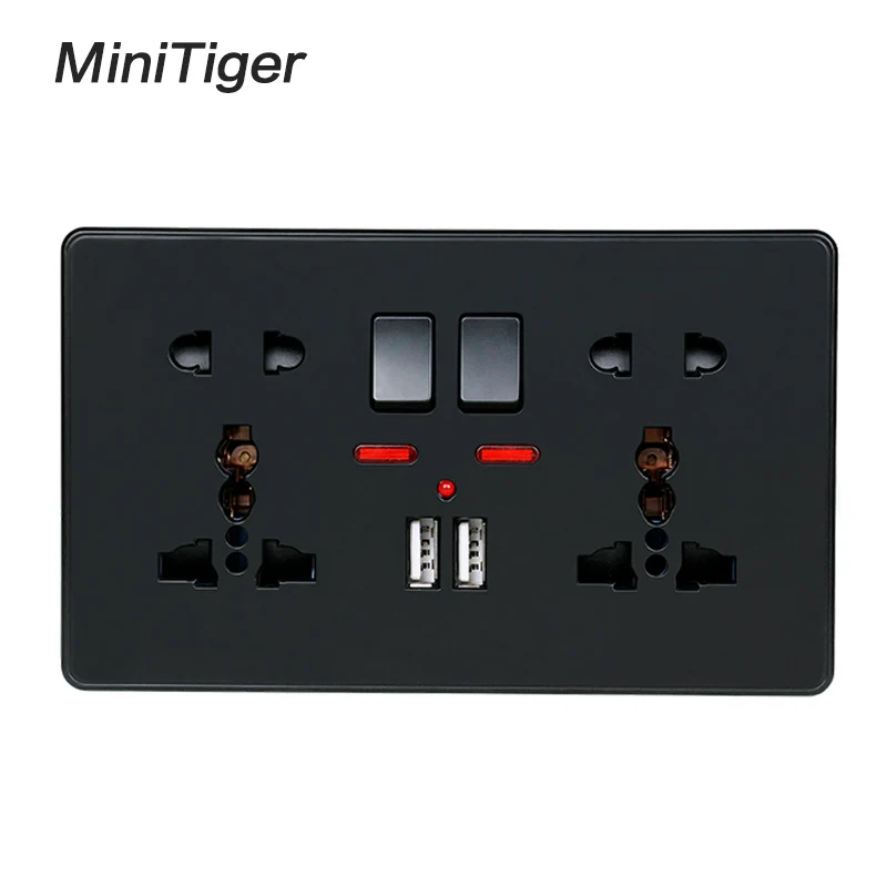 Minitiger 2.1A двойной USB зарядное устройство Порт светодиодный индикатор настенный разъем питания двойной Универсальный 5 отверстий переключаемый выход 146 мм* 86 мм - Тип: Black Socket