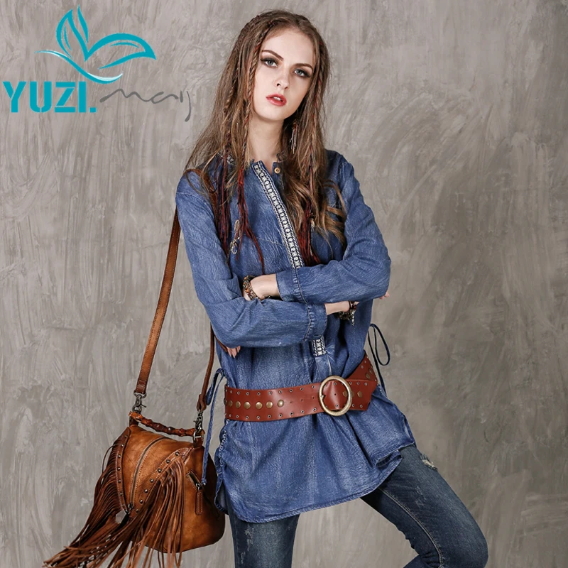 

Women Blouses 2017 Yuzi.may Boho New Denim Blusas Feminina Long Sleeve O-Neck Embroidery Loose Washed Shirt Women B9131 TOPS