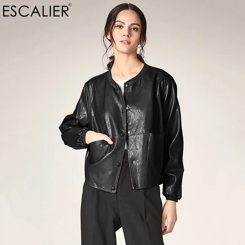 ESCALIER الخريف سترة جلدية النساء عارضة طويلة الأكمام زر ضئيلة الأساسية جاكيتات 2018 أزياء بو الجلود منفذها معطف Femininas
