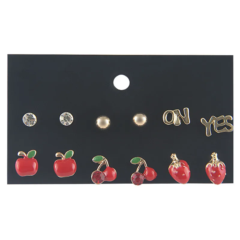 

YANG&RH 6 pairs/lot Gold YES and NO Letter Rhinestone Stud Earrings Sets for Women Cute Fruit Apple Cherry Kids Stud Earrings