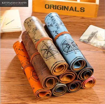 

Vintage Treasure Map Pencil Cases Luxury Roll Leather PU Pen Bag Pouch For Stationery School Supplies Make Up Cosmetic Bag Tools