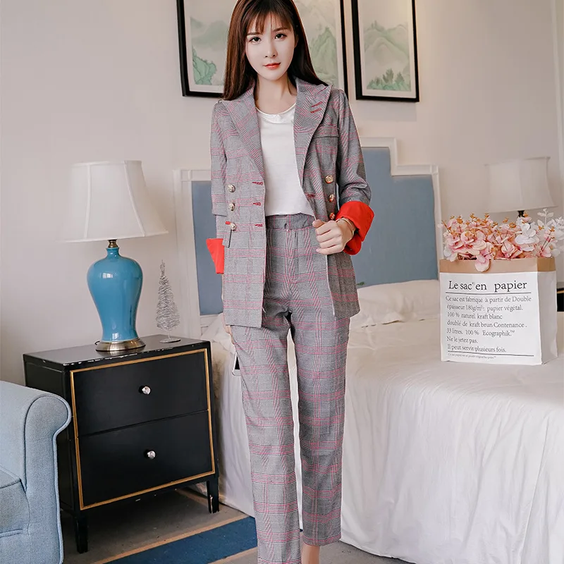 

Plaid small suit jacket women's suit spring and autumn new casual slimming temperament ladies suit and pants two-piece