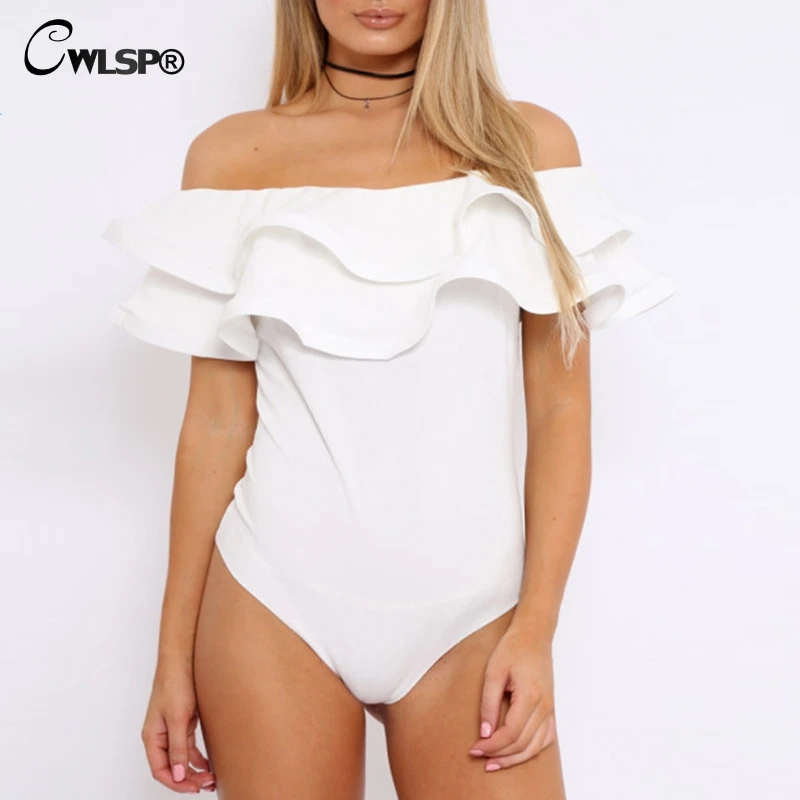 

CWLSP Off Shoulder Ruffles Bodysuits Short Sleeve Solid Overalls for Women Skinny Jumpsuits combinaison femme 2018 QL4168