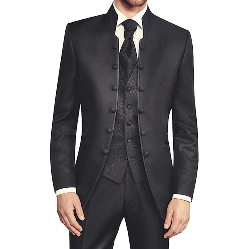 黒チュニック新郎タキシードの結婚式のためのダブルブレストスリムフィットスーツスタンドカラー3ピースファッションジャケットパンツベスト Jacket Pants Vest Pants Vestbest Tuxedos Aliexpress