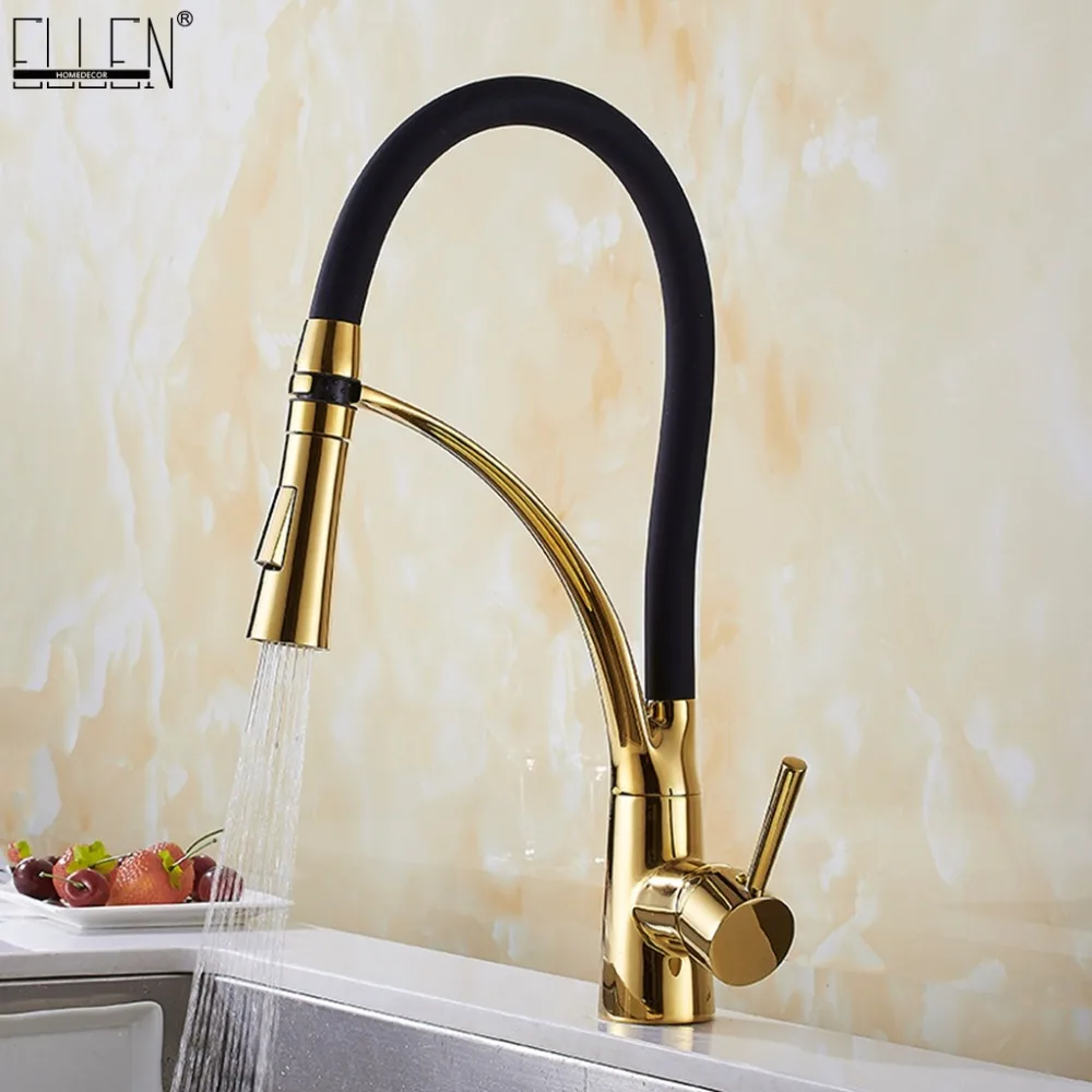  Pull Down Kitchen Faucet Gold Hot and Cold Water Crane Mixer Deck Mounted Kitchen Sink Faucets with - 32993119363
