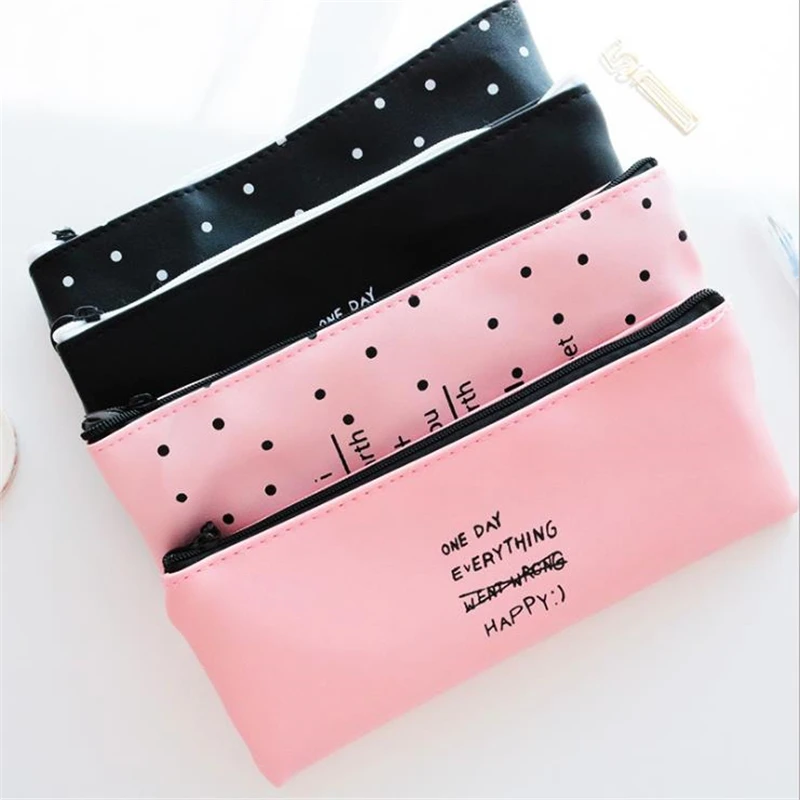 

Cute Pencil Case White Dot Lovely Waterproof PU Leather Pen Bag Stationery Office School Supplies Pencil Bag Pink Black