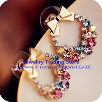 

300 pair/lot Cute Fashion Graceful Colorful Rinestone Bowknot Stud Earrings Studs Bow Earring Rhinestone Jewelry