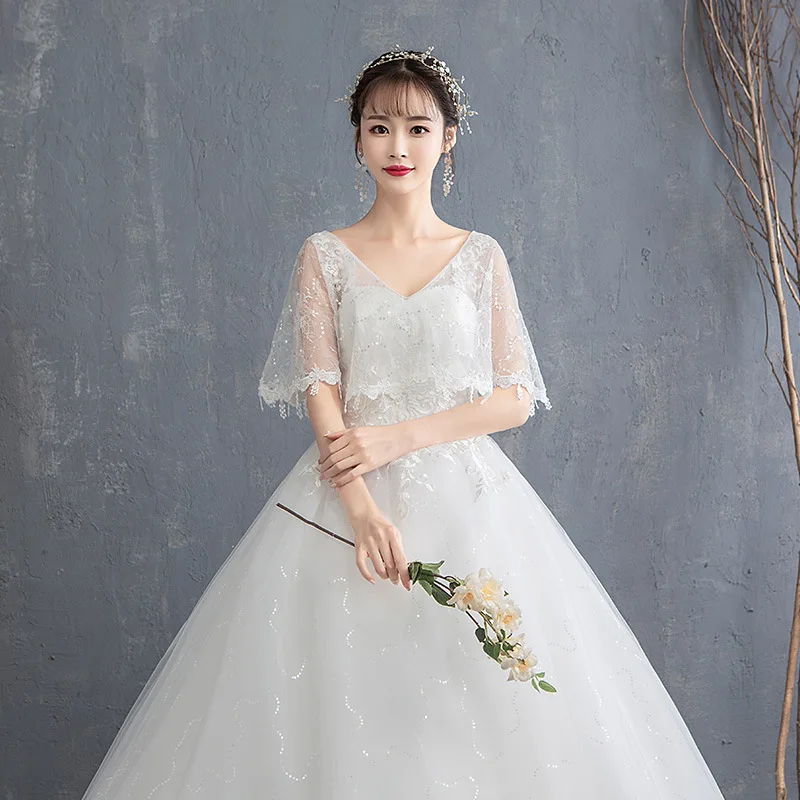 

Cheap Plus Size Shawl Wedding Dress 2019 new bride wed gown sexy v-neck simple princess Robe De Mariage