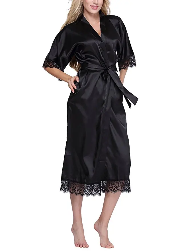 Black Women Silk Rayon Robe Sexy Long Lingerie Sleepwear Kimono Yukata Nightgown Plus Size S M L XL XXL XXXL A-050