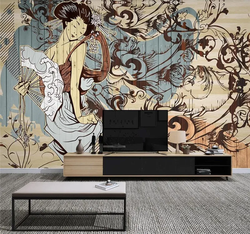 Custom 3D Wallpaper Japanese ukiyo-e painted wood grain modern minimalist TV background wall painting - silk waterproof material Custom 3D Wallpaper Japanese ukiyo-e painted wood grain modern minimalist TV background wall painting - silk waterproof material