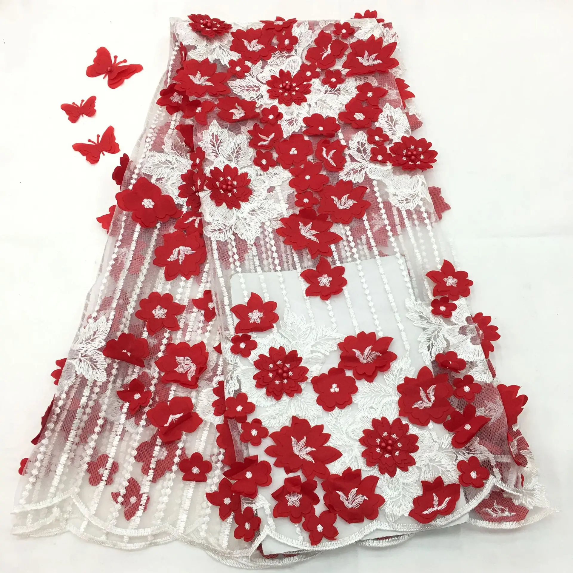 Latest African 3D Flowers Lace Fabric French Tulle Voile Beaded Lace Fabric For Wedding Party Nigerian Bridal Laces Fabric