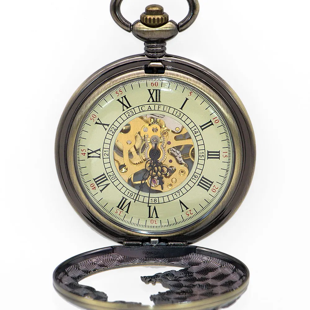 

Mechanical Pocket Watch Retro Hollow Flying Dragon Roman Number Dial Pendant Chain Fob Watch Men Gift reloj de bolsillo