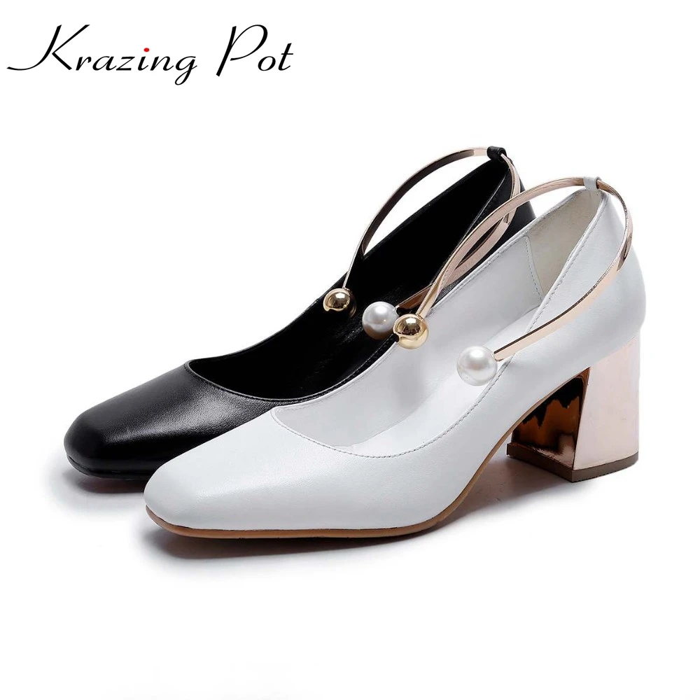 

Krazing pot fashion party wedding thick high heels pearl metal fastener shallow pumps round toe women brand genuine leather L24