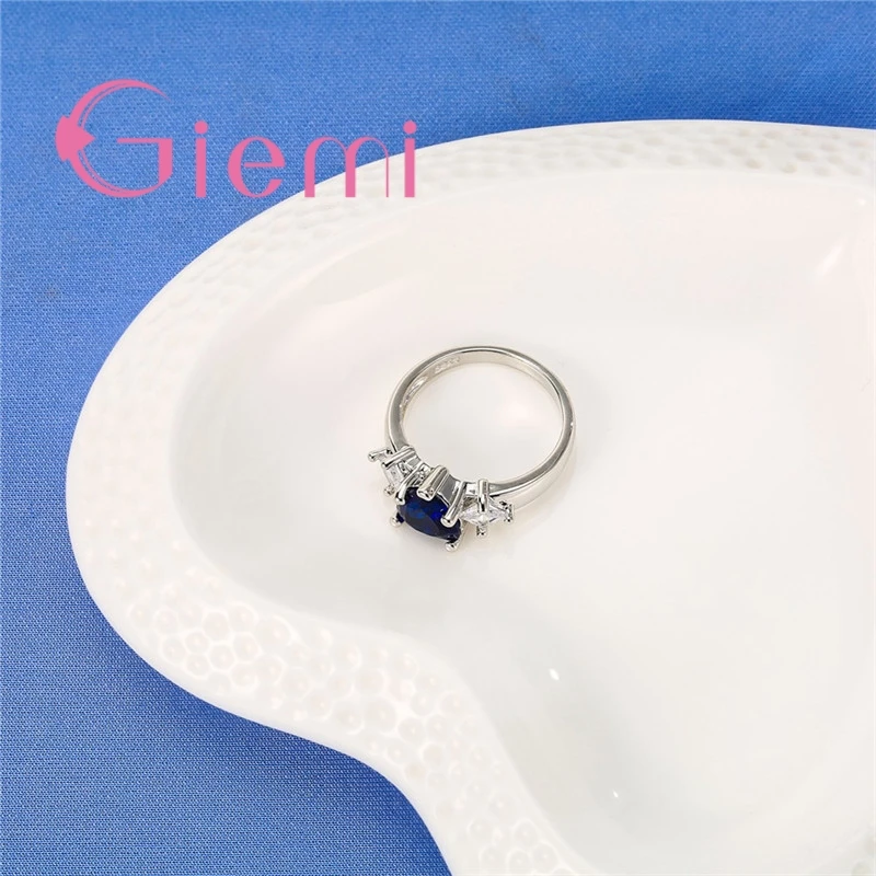 Top Quality Clear Blue Crystal Love Heart Shape 925 Sterling Silver  Women Finger Rings for Wedding Bridal Wholesale