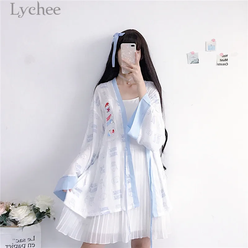 Lychee Harajuku Koinobori мороженое Принт женское кимоно кардиган блузка летняя на шнуровке