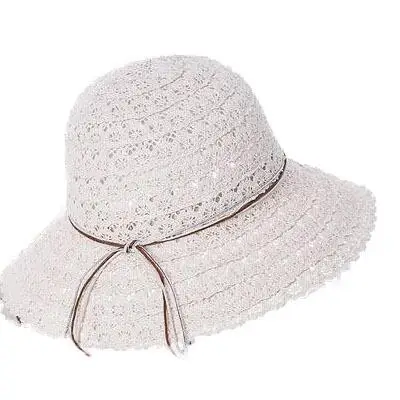 Складная хлопковая пляжная шляпа с бантиком для женщин, Элегантная модная дизайнерская пляжная шляпа для женщин, соломенная кружевная шляпа от солнца - Цвет: creamy-white