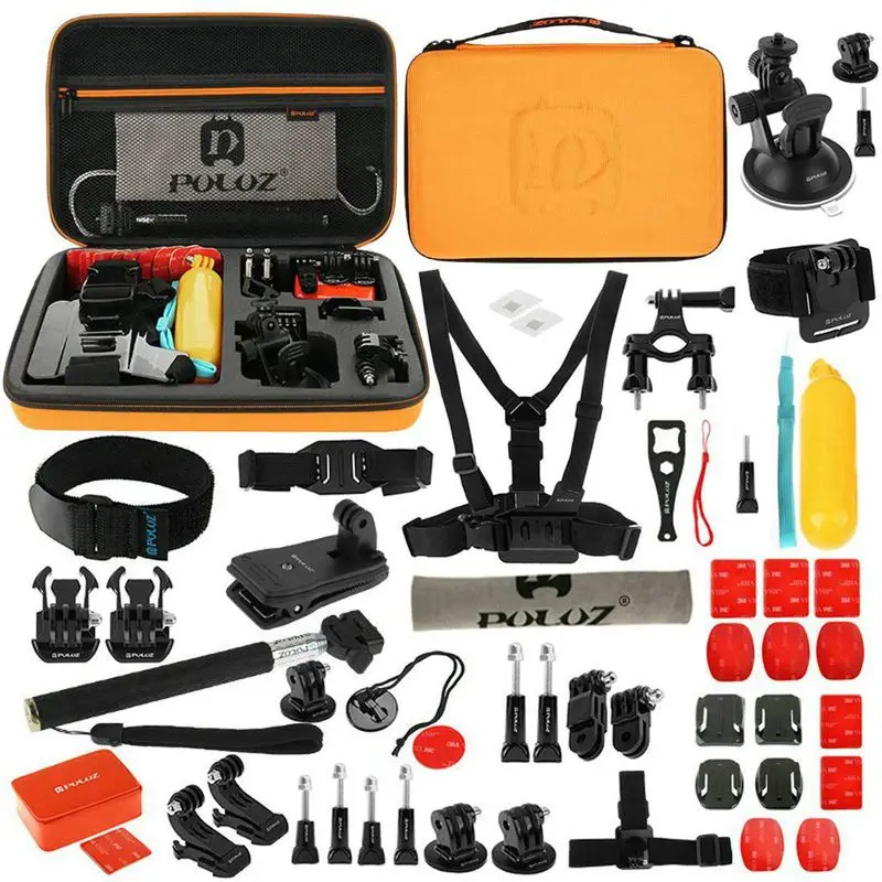 

FFYY-PULUZ 53 in 1 Accessories Kit(Chest Strap+Pivot Arms+J-Hook Buckle+Wrist Strap+Helmet Strap+Monopod+Surface Mounts+Tripod