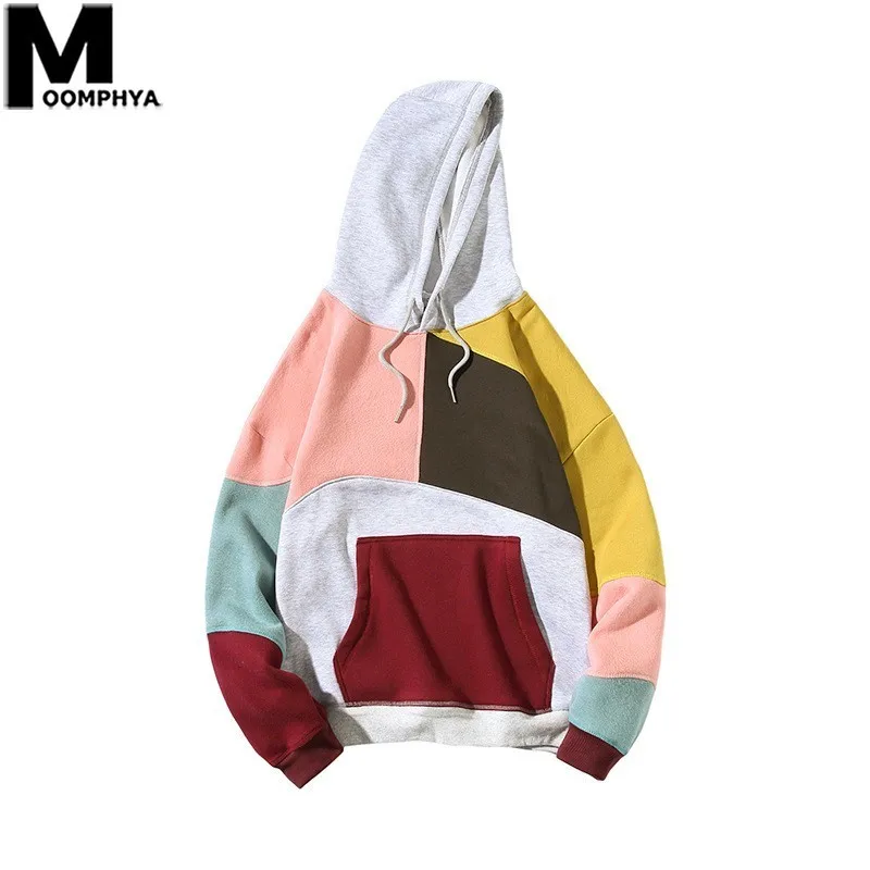 

Moomphya 2019 New Patchwork Color Block Mens Hoodies Streetwear Hip Hop Hooded Men's Sweatshirt Pullover Oversize Man Hoodies