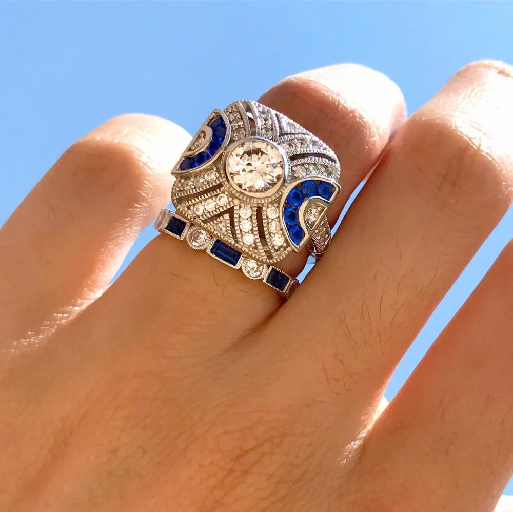 Bamos модный набор колец в стиле бохо, кольцо на палец с голубым камнем, 925 серебряное Винтажное кольцо для женщин и мужчин, обручальные кольца, вечерние аксессуары