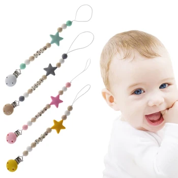 

Pacifier Chain Baby Nursing Star Pendant Necklace Teether Teething Soother Rope Clip Nipple Holder Newborn Toddler Wood Silicone