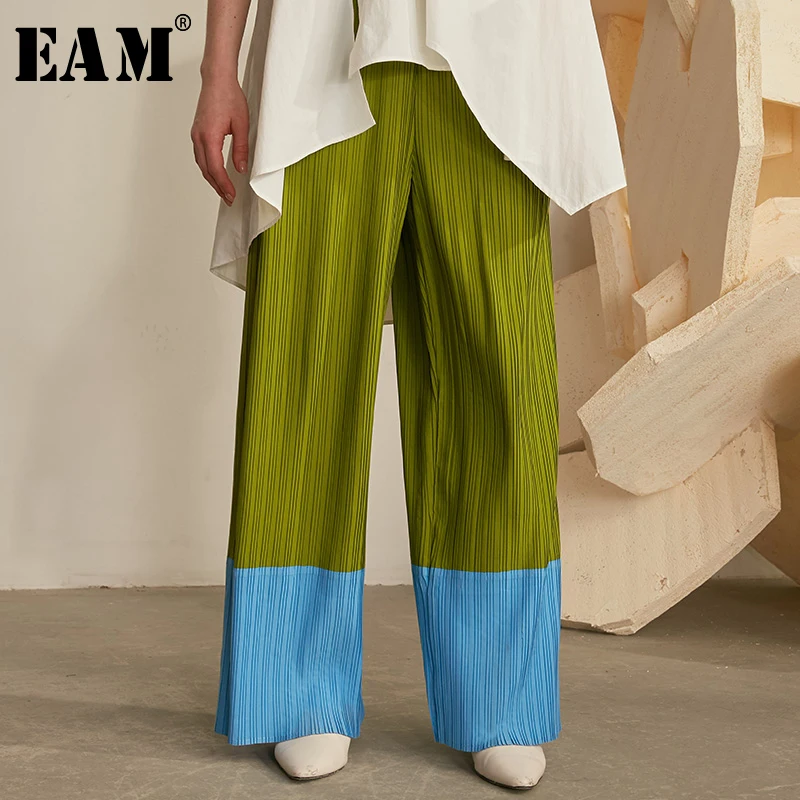

[EAM] 2019 New Autumn Winter High Elastic Waist Loose Hit Color Brief Wide Leg Pleated Long Pants Women Trousers Fashion JX192