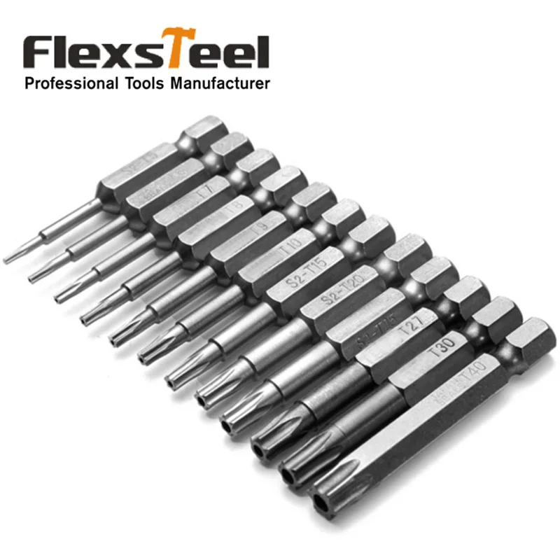 Flexsteel, 12 шт., S2, Набор отверток для безопасности, Набор бит, Электрическая отвертка, воздушные биты, набор инструментов с отверстием, 1/4 дюйма, шестигранный хвостовик, T5-T40