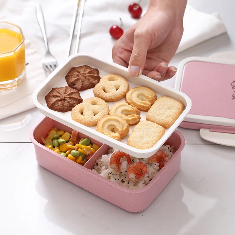 Baispo Microwavable Lunch box Wheat straw Cartoon bento box Portable Eco-friendly Food Container Lunchbox For kids School Picnic